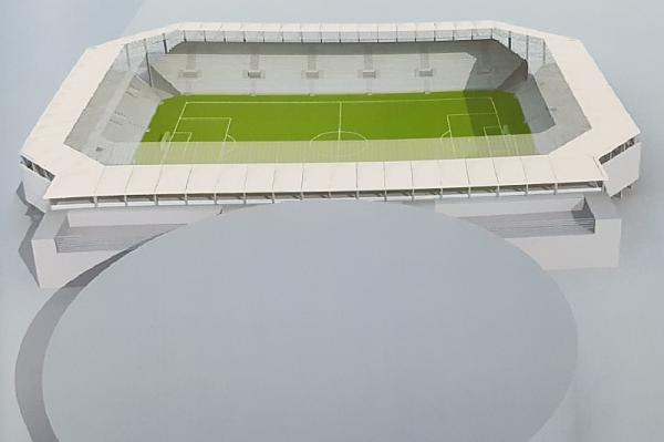 Nowy stadion Radomiaka według koncepcji przedstawionej przez firmę ROSA (widok od ul. Struga). Przed