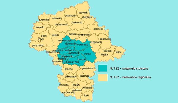 Podział Mazowsza na dwa regiony statystyczne NUTS2