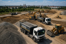 Flota ciężarówek transportujących kruszywa budowlane trasą S7