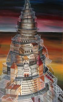 Jerzy Kutkowski, Wieża babilońska, 1983, olej, płótno, 132x 84 cm, ze zbiorów Muzeum im. Jacka Malcz