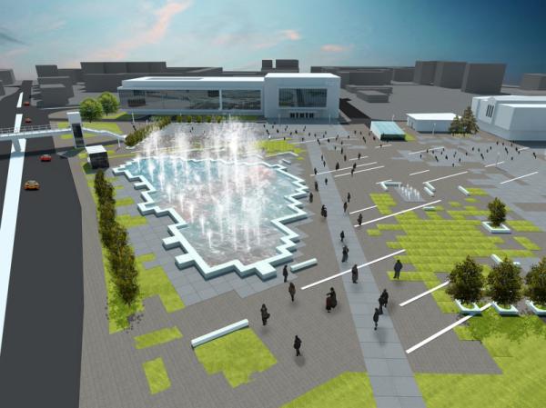 Plac Jagielloński po zmianach - rzut z lotu ptaka w stronę teatru 