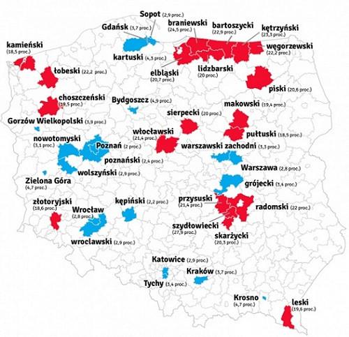 20 powiatów z największym i 20 z najmniejszym bezrobociem. Foto: PTWP