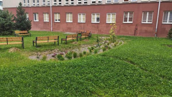 Niecka, szpaler drzew i ławki na terenie PSP Nr 33 przy ul. Kolberga